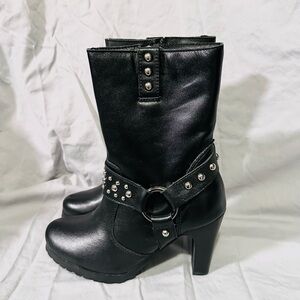 Ride Tecs Black Leather Harness Studded Women's Heeled Moto Boots NIB Size 6